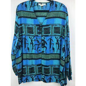 Vtg Solitaire Women's Tunic Top 14 Rayon Blue Black Side Slits Long Sleeve Artsy